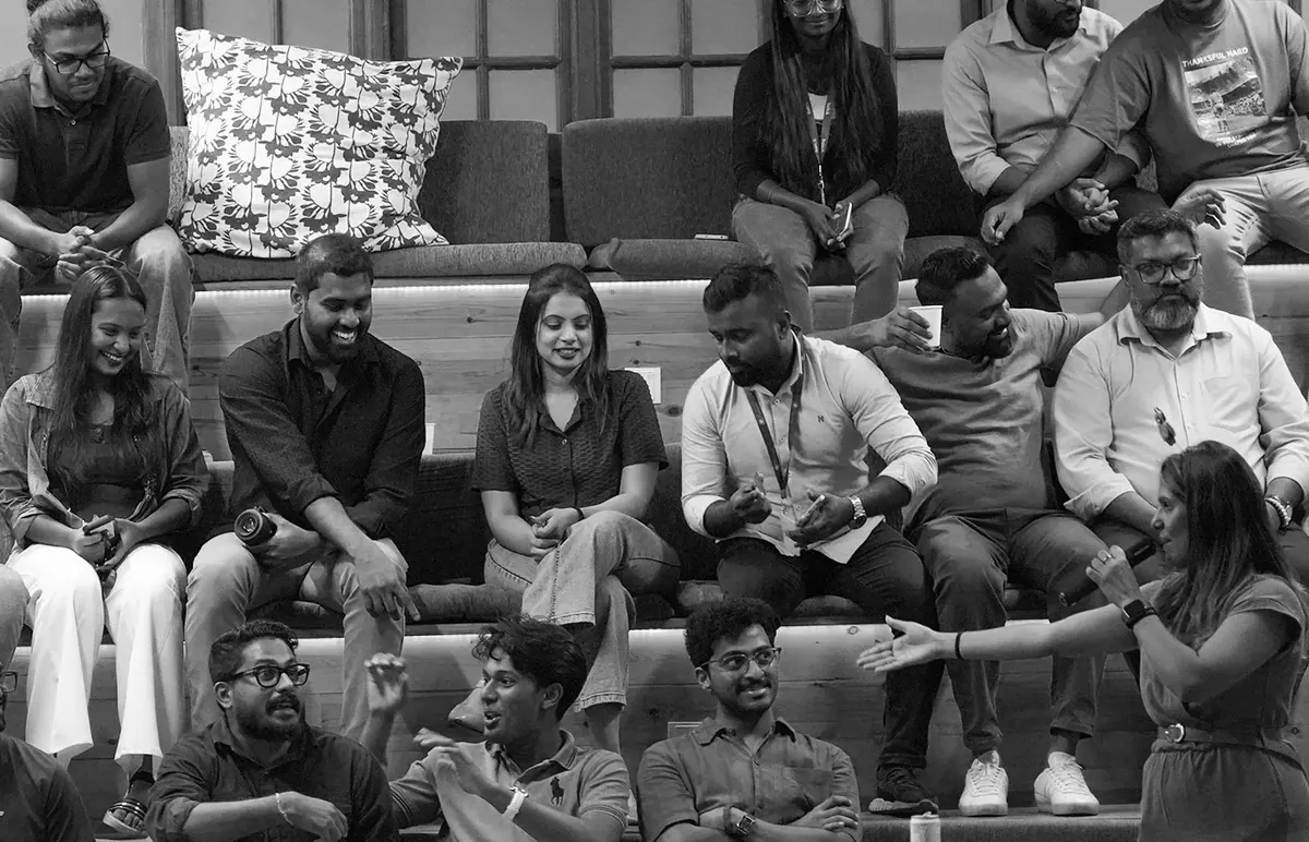The Hatch community gathered on the steps at Hatch Works